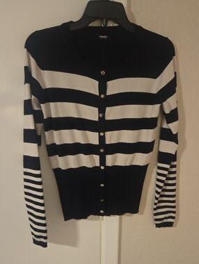 Premise Black & White Striped Button-Front Cardigan